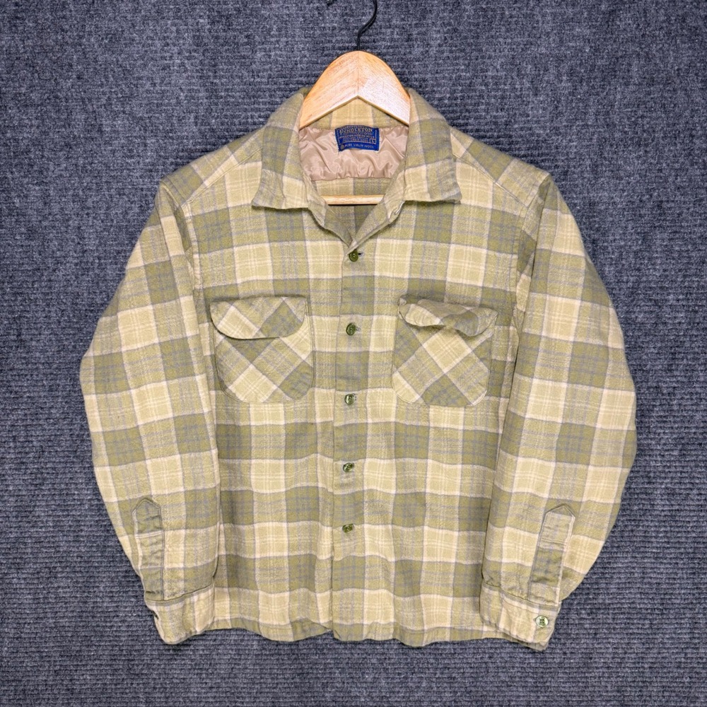 VTG Pendleton Loop Collar Board Shirt Wool Flannel Plaid Green Vintage L SHRUNK